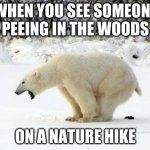 Polar Bear Shits in the Snow | WHEN YOU SEE SOMEONE PEEING IN THE WOODS ON A NATURE HIKE | image tagged in polar bear shits in the snow | made w/ Imgflip meme maker