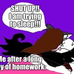 SHUT UP IM TRYING TO SLEEP | SHUT UP!! I am trying to sleep!!! Me after a long day of homework: | image tagged in shut up im trying to sleep | made w/ Imgflip meme maker