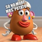 No Mrs. Potato Head...!!! | SO NO MORE MRS. POTATO | image tagged in mrs potato head | made w/ Imgflip meme maker