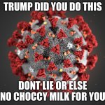 Coronavirus | TRUMP DID YOU DO THIS DONT LIE OR ELSE NO CHOCCY MILK FOR YOU | image tagged in coronavirus | made w/ Imgflip meme maker