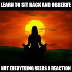 Good advice for the social media age | LEARN TO SIT BACK AND OBSERVE; NOT EVERYTHING NEEDS A REACTION | image tagged in meditation,let it go | made w/ Imgflip meme maker