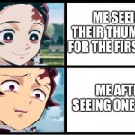 My first thoughts on Smosh be like | ME SEEING THEIR THUMBNAIL FOR THE FIRST TIME; ME AFTER SEEING ONE VIDEO | image tagged in sursprised tanjiro,smosh,memes,youtuber,relatable | made w/ Imgflip meme maker