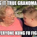 Grandma and grandson | IS IT TRUE GRANDMA... WAS EVERYONE KUNG FU FIGHTING? | image tagged in grandma and grandson,funny memes,funny,kung fu | made w/ Imgflip meme maker