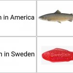 Fish Species in Different places | Fish in America; Fish in Sweden | image tagged in memes,blank comic panel 2x2,fish,swedish,fun,gifs | made w/ Imgflip meme maker