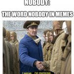 dont use nobody again | THE WORD NOBODY IN MEMES; NOBODY: | image tagged in i serve no purpose | made w/ Imgflip meme maker