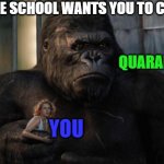 when the school wants you back | WHEN THE SCHOOL WANTS YOU TO COME BACK; QUARANTINE; YOU | image tagged in king kong,quarantine,funny,funny memes,king kong 2005 | made w/ Imgflip meme maker