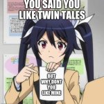 twin tales are amazing 10/10 quality | YOU SAID YOU LIKE TWIN TALES; BUT WHY DONT YOU LIKE MINE | image tagged in girl anime | made w/ Imgflip meme maker