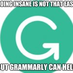 i was actually using grammarly while doing this | GOING INSANE IS NOT THAT EASY; BUT GRAMMARLY CAN HELP | image tagged in grammarly | made w/ Imgflip meme maker