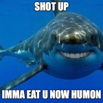 oop | SHOT UP; IMMA EAT U NOW HUMON | image tagged in human teethy shark | made w/ Imgflip meme maker