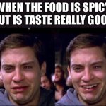 I hate spicy food but there are exceptions | WHEN THE FOOD IS SPICY BUT IS TASTE REALLY GOOD | image tagged in tobey mcquire cry smile | made w/ Imgflip meme maker
