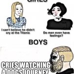 Do boys even have feelings | CRIES WATCHING A DOGS JOURNEY | image tagged in do boys even have feelings | made w/ Imgflip meme maker