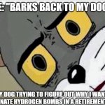 Disturbed Tom | ME: "BARKS BACK TO MY DOG" MY DOG TRYING TO FIGURE OUT WHY I WANT TO DETONATE HYDROGEN BOMBS IN A RETIREMENT HOME | image tagged in disturbed tom | made w/ Imgflip meme maker