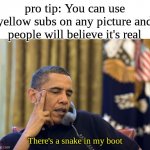 I found this out a while ago but didn't post it because I forgot lol | pro tip: You can use yellow subs on any picture and people will believe it's real There's a snake in my boot | image tagged in memes,no i can't obama,yellow,hehehe | made w/ Imgflip meme maker