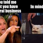 You told me you have several bussines | You told me that you have several business; In mind | image tagged in viral,white cat table,woman yelling,funny | made w/ Imgflip meme maker