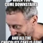 When Michael Rosen realised | WHEN YOU COME DOWNSTAIRS; AND ALL THE CHOCOLATE CAKE IS GONE | image tagged in when michael rosen realised | made w/ Imgflip meme maker
