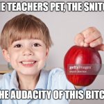 Audacity of this bitch but teachers pet idk anymore | THE TEACHERS PET, THE SNITCH; THE AUDACITY OF THIS BITCH | image tagged in snitch,teachers pet | made w/ Imgflip meme maker