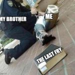 Arrested crusader reaching for book | MY BROTHER; ME; THE LAST FRY | image tagged in arrested crusader reaching for book | made w/ Imgflip meme maker