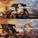 Godzilla vs Kong vs Doge | PS5 XBOX SERIES X KFCONSOLE | image tagged in godzilla vs kong vs doge,cheems,kfc,ps5,xbox one achievement,xbox | made w/ Imgflip meme maker