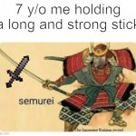 Yes | 7 y/o me holding a long and strong stick | image tagged in semurei,gaming,fun,7 y/o me | made w/ Imgflip meme maker