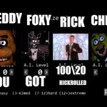 this not a rickroll i promise just some fnaf | CHICA; FOXY; RICK; FREDDY; 100\20; GOT; YOU; RICKROLLED | image tagged in funny | made w/ Imgflip meme maker