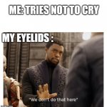 we don't do that here | ME: TRIES NOT TO CRY; MY EYELIDS : | image tagged in we don't do that here | made w/ Imgflip meme maker