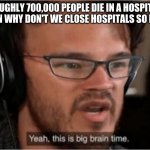 not clickbait*maybe it is idk* | IF ROUGHLY 700,000 PEOPLE DIE IN A HOSPITAL IN A YEAR THEN WHY DON'T WE CLOSE HOSPITALS SO NO ONE DIES | image tagged in bruh | made w/ Imgflip meme maker