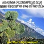 Comment if you think Noob1234 is a good man | Me when PrestonPlayz says "Happy Cactus" in one of his videos:; Your Wish Is My Command | image tagged in happy cactus | made w/ Imgflip meme maker