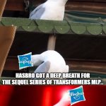 BRING TRANSFORMERS EQUESTRIA GIRLS!!!!!! | IN THE YEAR 2021; HASBRO GOT A DEEP BREATH FOR THE SEQUEL SERIES OF TRANSFORMERS MLP... | image tagged in inhaling seagull hasbro | made w/ Imgflip meme maker