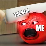 The most relatable meme you'll see all day | THE HEAT; ME | image tagged in annoying orange burning | made w/ Imgflip meme maker