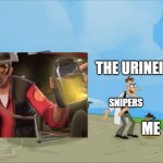 Inator templete | THE URINEINATOR! SNIPERS; ME | image tagged in inator templete | made w/ Imgflip meme maker