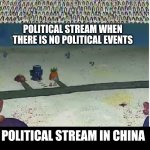 Spongebob Crowd meme template | POLITICAL STREAM AROUND PRESIDENTIAL ELECTION; POLITICAL STREAM WHEN THERE IS NO POLITICAL EVENTS; POLITICAL STREAM IN CHINA; WHAT STREAM | image tagged in spongebob crowd meme template,china | made w/ Imgflip meme maker
