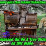 TREE BACH | The story goes that Johann Sebastian Bark; composed  'Air  On  A  Tree  String'
on  this  piano. | image tagged in tree bach | made w/ Imgflip meme maker