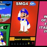 SMG4 for Super Smash Bros. | PEACH'S CASTLE (N64); SMG4; WAR OF THE FAT ITALIANS 2019; SMG4; MANY MEMES | image tagged in smash ultimate dlc fighter profile,smg4 | made w/ Imgflip meme maker