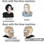 woman vs man time travel | IRON MAN DIES IN ENDGAME; WHATS ENDGAME? | image tagged in woman vs man time travel | made w/ Imgflip meme maker