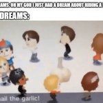 All Hail The Garlic! | BOYS DREAMS:; GIRLS DREAMS: OH MY GOD I JUST HAD A DREAM ABOUT RIDING A HORSE!! | image tagged in all hail the garlic | made w/ Imgflip meme maker