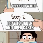 How to play CS:GO | OPEN YOUR WALLET; PRAY TO GABEN AND OPEN CASES; PLAY CS:GO | image tagged in step 1 step 1 | made w/ Imgflip meme maker