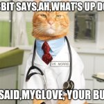 Cat Doctor | RABBIT SAYS,AH,WHAT'S UP DOC? I SAID,MYGLOVE, YOUR BUT | image tagged in cat doctor | made w/ Imgflip meme maker