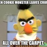 Sesame Street - Angry Bert | WHEN COOKIE MONSTER LEAVES CRUMBS; ALL OVER THE CARPET. | image tagged in sesame street - angry bert | made w/ Imgflip meme maker