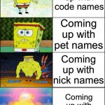 Coming up with names | Coming up with code names; Coming up with pet names; Coming up with nick names; Coming up with kahoot names | image tagged in sponge bob evolution,sponge bob,names,kahoot | made w/ Imgflip meme maker