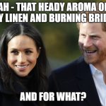 Harry & Meghan | AH - THAT HEADY AROMA OF DIRTY LINEN AND BURNING BRIDGES! AND FOR WHAT? | image tagged in harry meghan | made w/ Imgflip meme maker