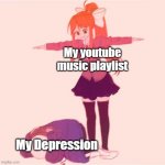 Monika T-Posing over Sand | My youtube
music playlist; My Depression | image tagged in monika t-posing over sand,youtube,depression | made w/ Imgflip meme maker