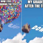 DOWN, DOWN TO THE LOWEST PART OF HELL | HOW I FEEL LIKE DURING THE TEST; MY GRADES AFTER THE TEST | image tagged in up and down | made w/ Imgflip meme maker