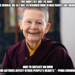 Pema Chodron | "WE DON’T SET OUT TO SAVE THE WORLD; WE SET OUT TO WONDER HOW OTHER PEOPLE ARE DOING; AND TO REFLECT ON HOW OUR ACTIONS AFFECT OTHER PEOPLE’S HEARTS." - PEMA CHODRON | image tagged in pema chodron | made w/ Imgflip meme maker