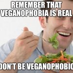 Veganophobia | REMEMBER THAT VEGANOPHOBIA IS REAL; DON’T BE VEGANOPHOBIC | image tagged in vegan power | made w/ Imgflip meme maker