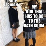 girl with horn | MY DOG THAT HAS TO GO TO THE BATH ROOM; ME TRYING TO SLEEP AT 2:00AM | image tagged in girl with horn | made w/ Imgflip meme maker