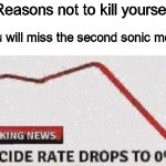 Why would you wanna miss that MOVIE | "Reasons not to kill yourself."; "You will miss the second sonic movie." | image tagged in suicide rates drop,sonic the hedgehog,sonic,sonic 2,suicide | made w/ Imgflip meme maker