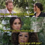 Harry Meghan Oprah | the pee is stored in the balls; how do I pee then without balls? you guys still pee? | image tagged in harry meghan oprah | made w/ Imgflip meme maker