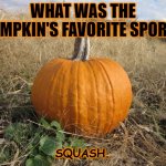 Daily Bad Dad Joke March 11 2021 | WHAT WAS THE PUMPKIN'S FAVORITE SPORT? SQUASH. | image tagged in pumpkin | made w/ Imgflip meme maker