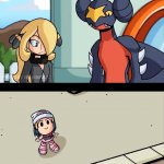 Cynthia and Garchomp looking down on small Dawn