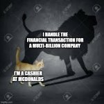 cat with lion sadow | I HANDLE THE FINANCIAL TRANSACTION FOR A MULTI-BILLION COMPANY; I'M A CASHIER AT MCDONALDS | image tagged in cat with lion sadow | made w/ Imgflip meme maker